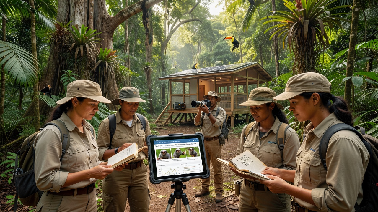Field researchers reviewing synchronized species data on tablets during a multi-year Amazon expedition